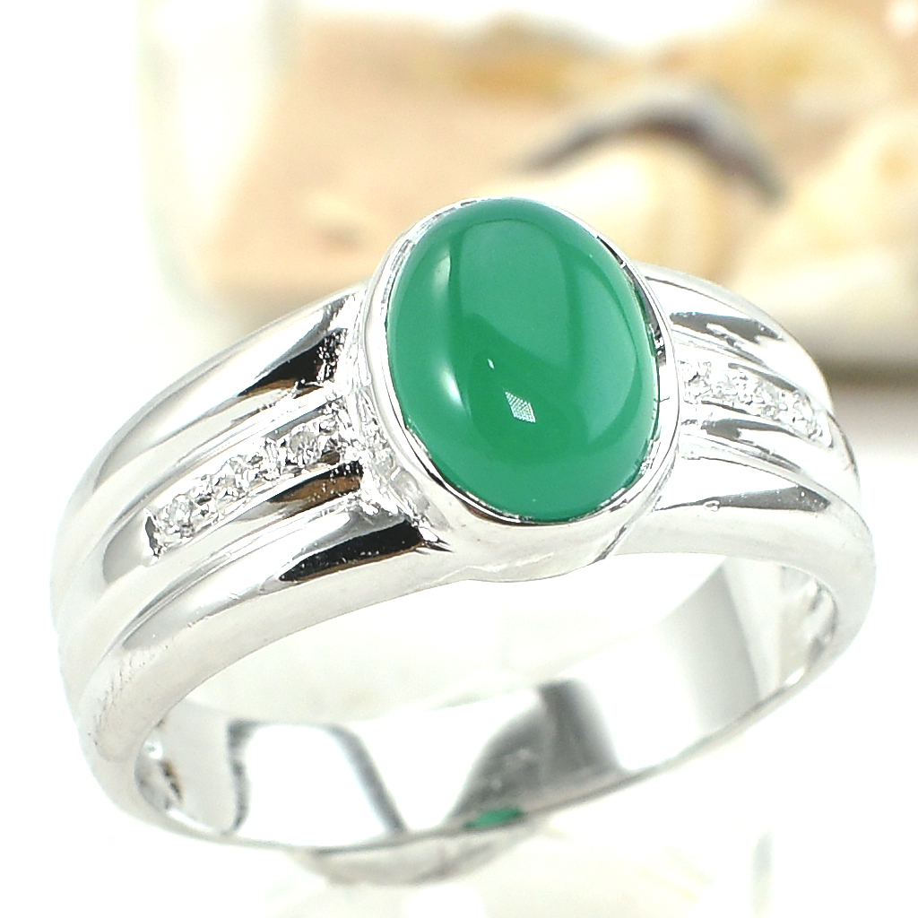 SKJewelryFactory แหวนกรีนอะเกทแท้ ตัวเรือนเงินแท้ ชุบทองคำขาว ER00432-GAC