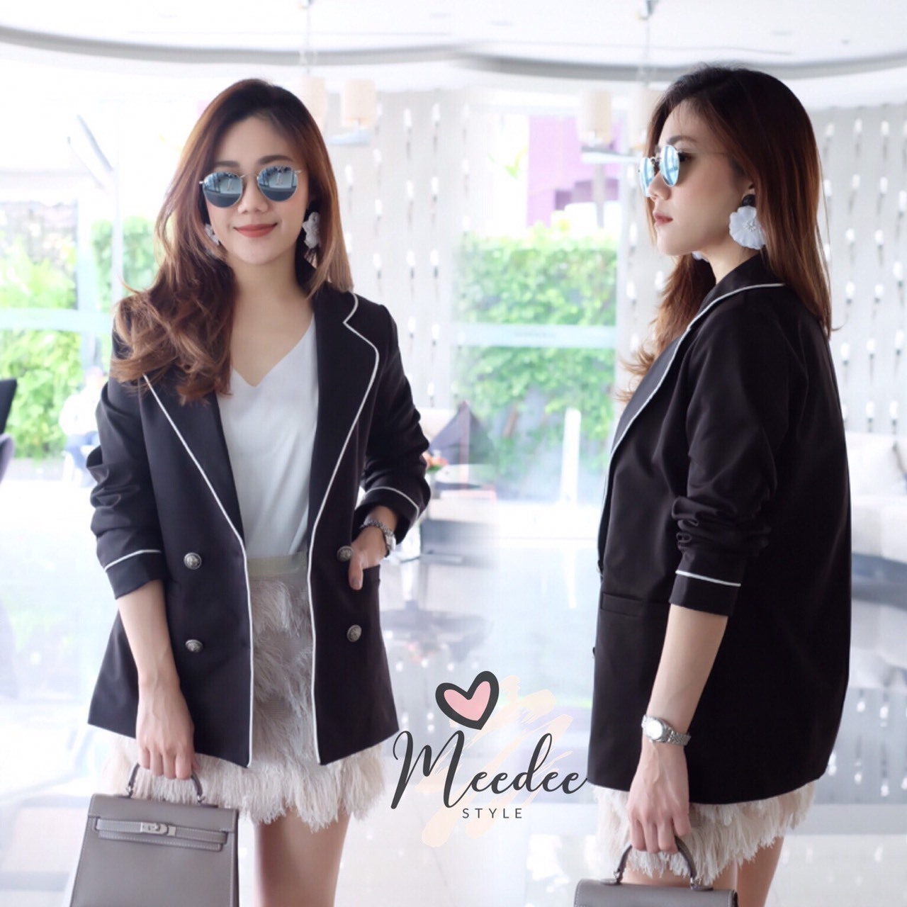 เสื้อเกาหลี พร้อมส่ง Blazer ดำขอบขาว