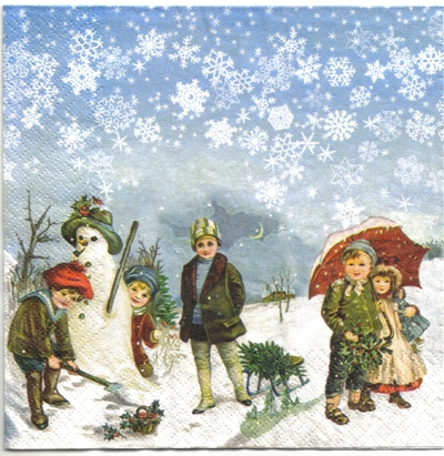 แนวภาพคริสต์มาส Vintage Winter Town Snow Man เล่นหิมะ เป็นภาพแนวยาว กระดาษแนพกิ้นสำหรับทำงาน เดคูพาจ Decoupage Paper Napkins ขนาด 33X33cm