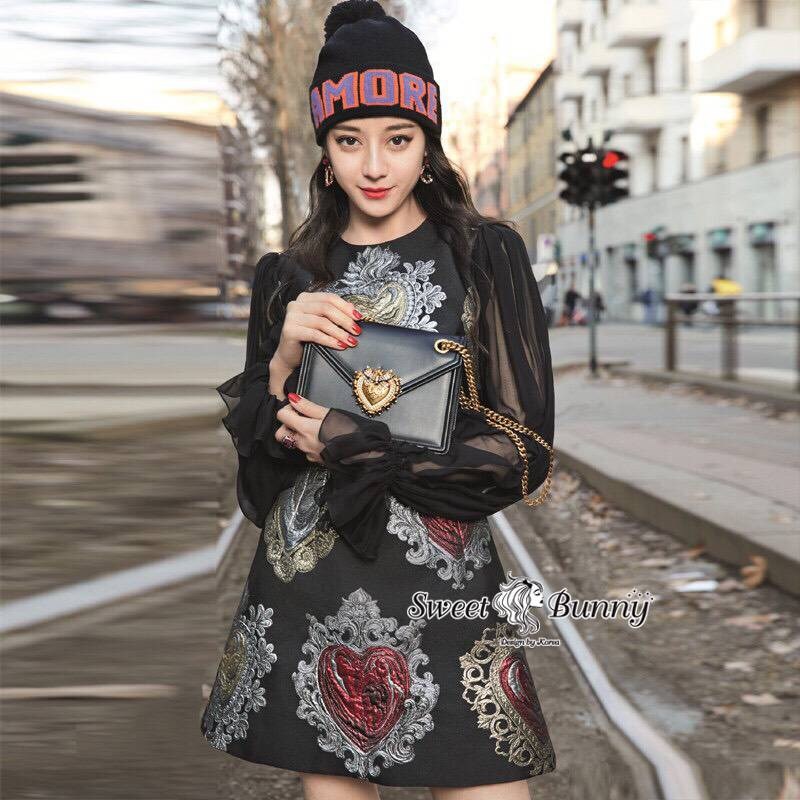 เดรสเกาหลี พร้อมส่ง เดรส ผ้านุ่มลายสวยสีดำ
