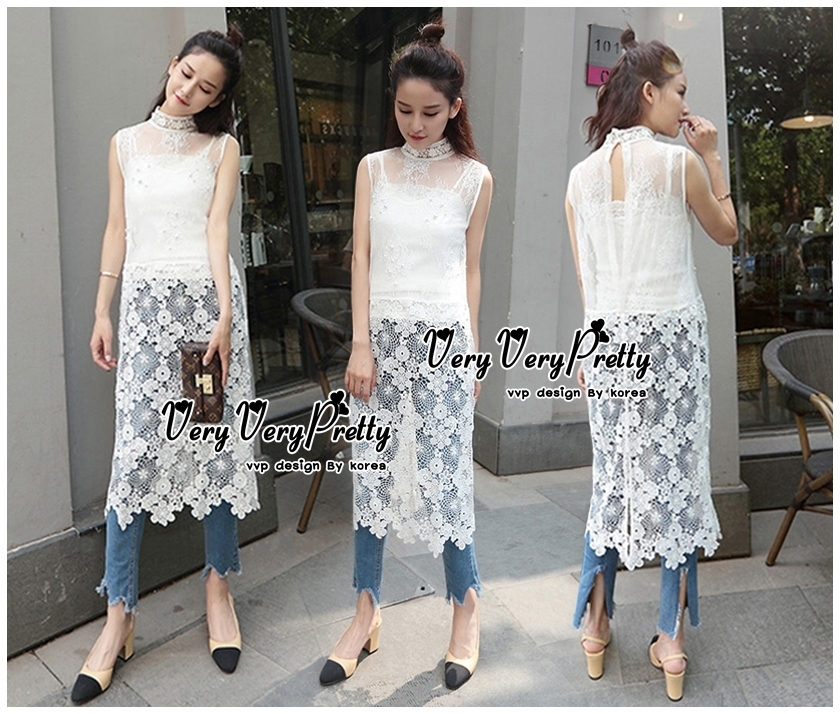 เสื้อเกาหลี พร้อมส่ง เสื้อตัวยาว ทรงแขนกุด