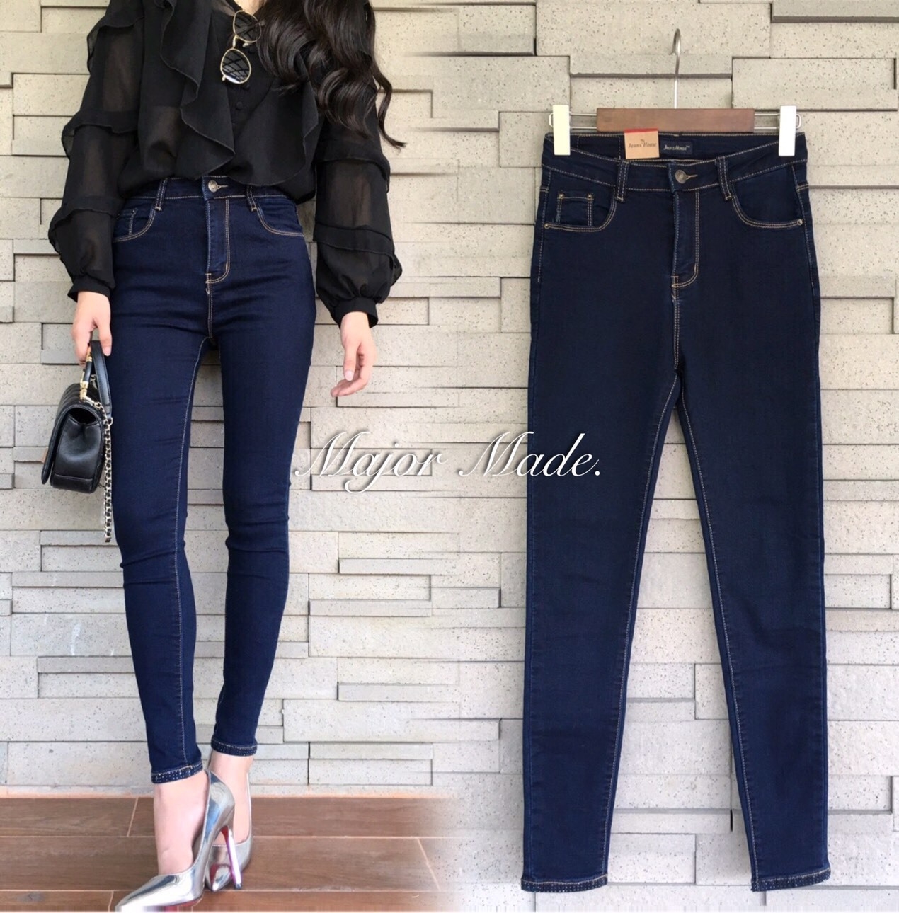 กางเกงยีนส์ พร้อมส่ง กางเกง Skinny ขายาว สีเข้ม