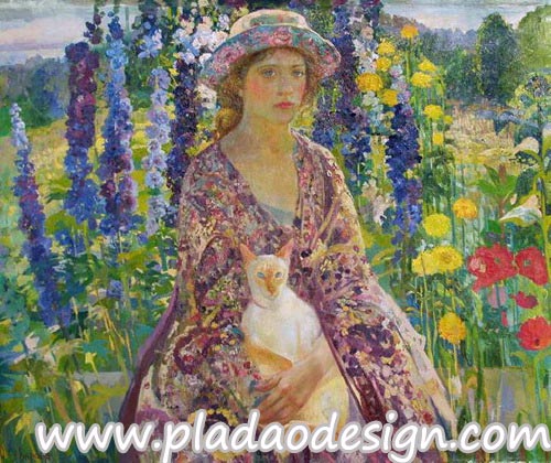 กระดาษสาพิมพ์ลาย สำหรับทำงาน เดคูพาจ Decoupage แนวภาำพ ภาพวาด สาวหน้าสวยใส่ชุดกับหมวกเข้าเซ็ตกัน อุ้มแมวนั่งเล่นในสวนดอกไม้