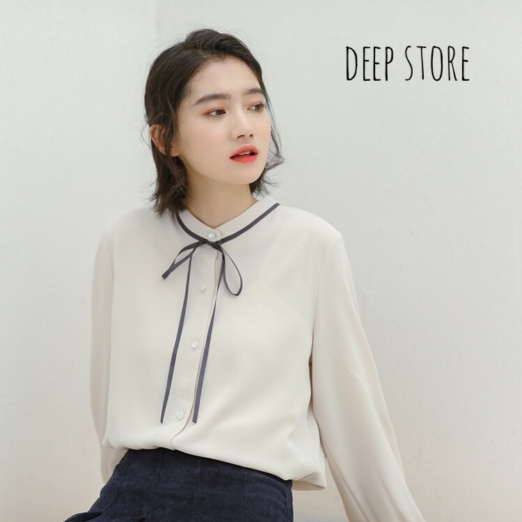 เสื้อเกาหลี พร้อมส่ง เสื้อเชิ้ต แต่งริบบิ้นผูกโบว์