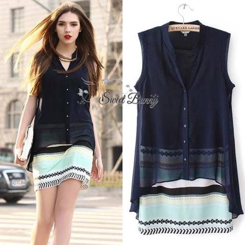 พร้อมส่ง เดรสทรงปกเชิ้ตแขนกุด กระโปรงเป็นลายหยัก