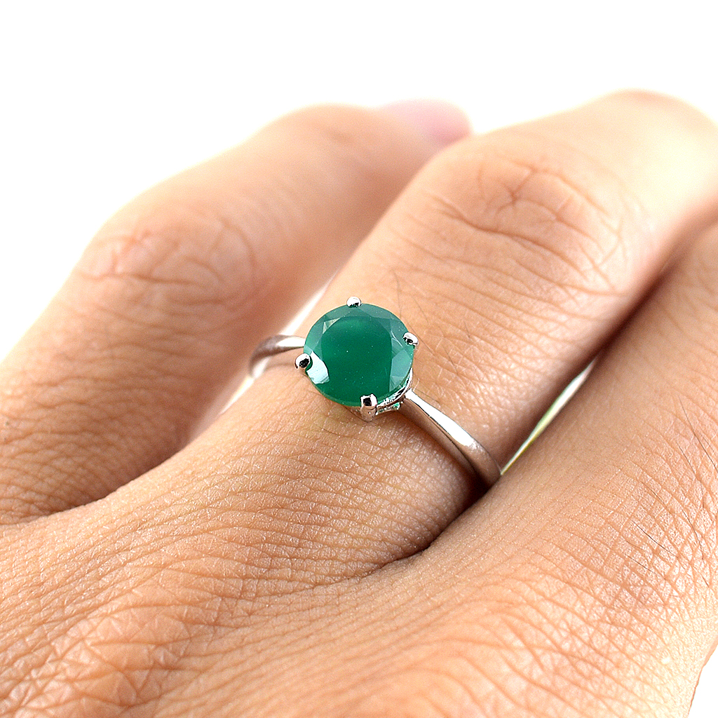 SKJewelryFactory แหวนพลอยชูยอด เม็ดเดี่ยว แหวนเงินแท้ 92.5% ฝังพลอยกรีนอะเกทแท้ ER01235-GAG