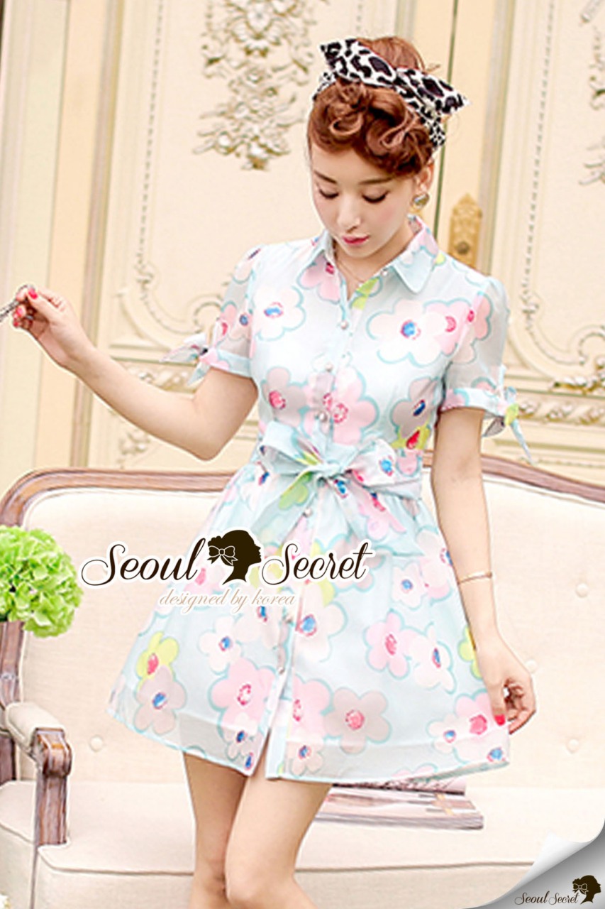 พร้อมส่ง เดรสเชิ้ตแขนสั้นพิมพ์ลายดอกไม้