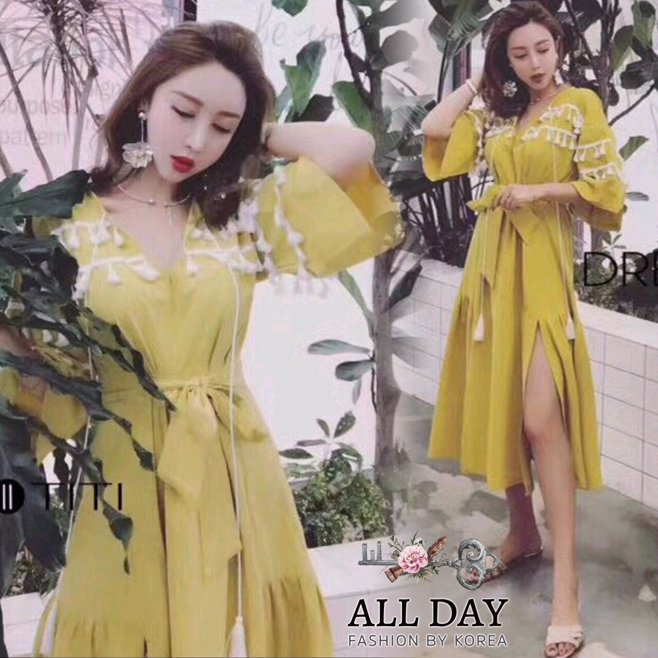 เดรสเกาหลี พร้อมส่ง เดรสแขนกระดิ่ง ยาวคลุมศอก