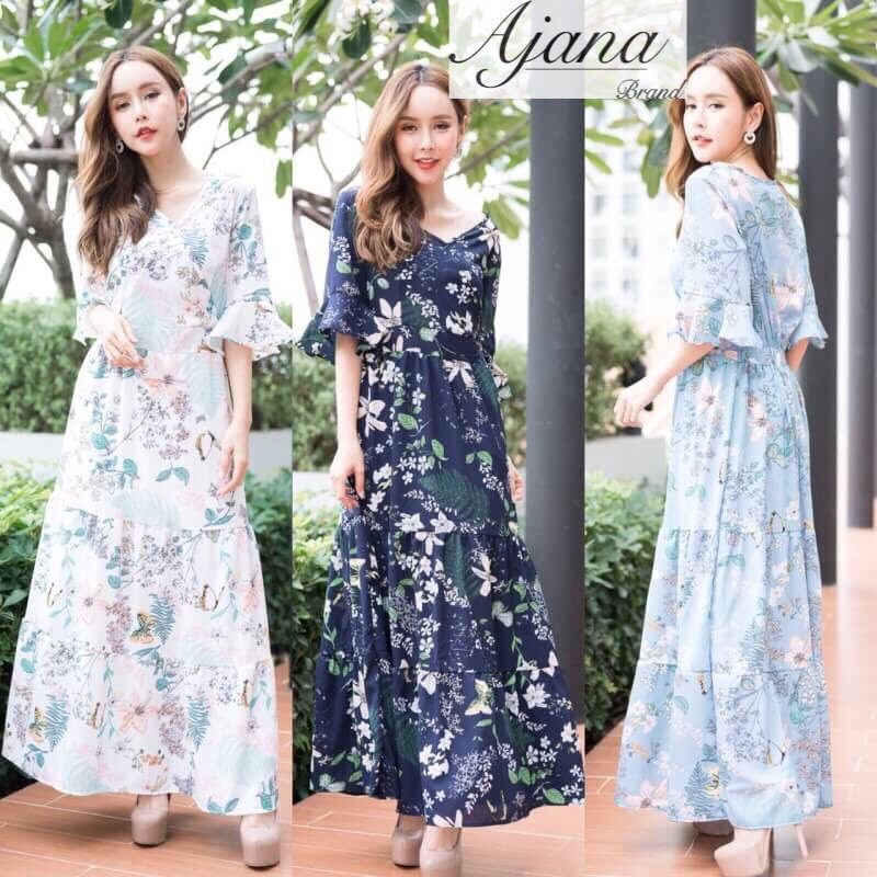 ชุดเดรสเกาหลี พร้อมส่ง แม็กซี่เดรส คอวี ทรงพริ้วสวย