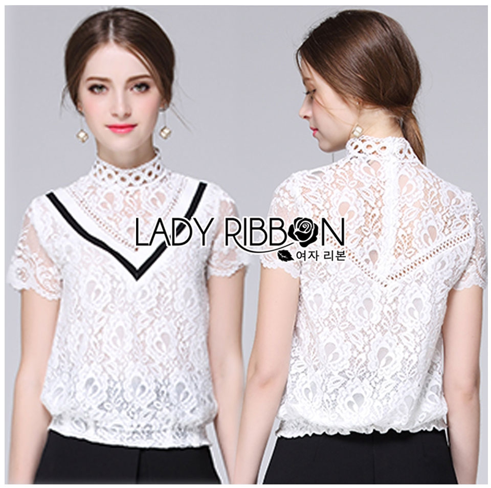 พร้อมส่ง เสื้อผ้าลูกไม้ทรงคอสูง