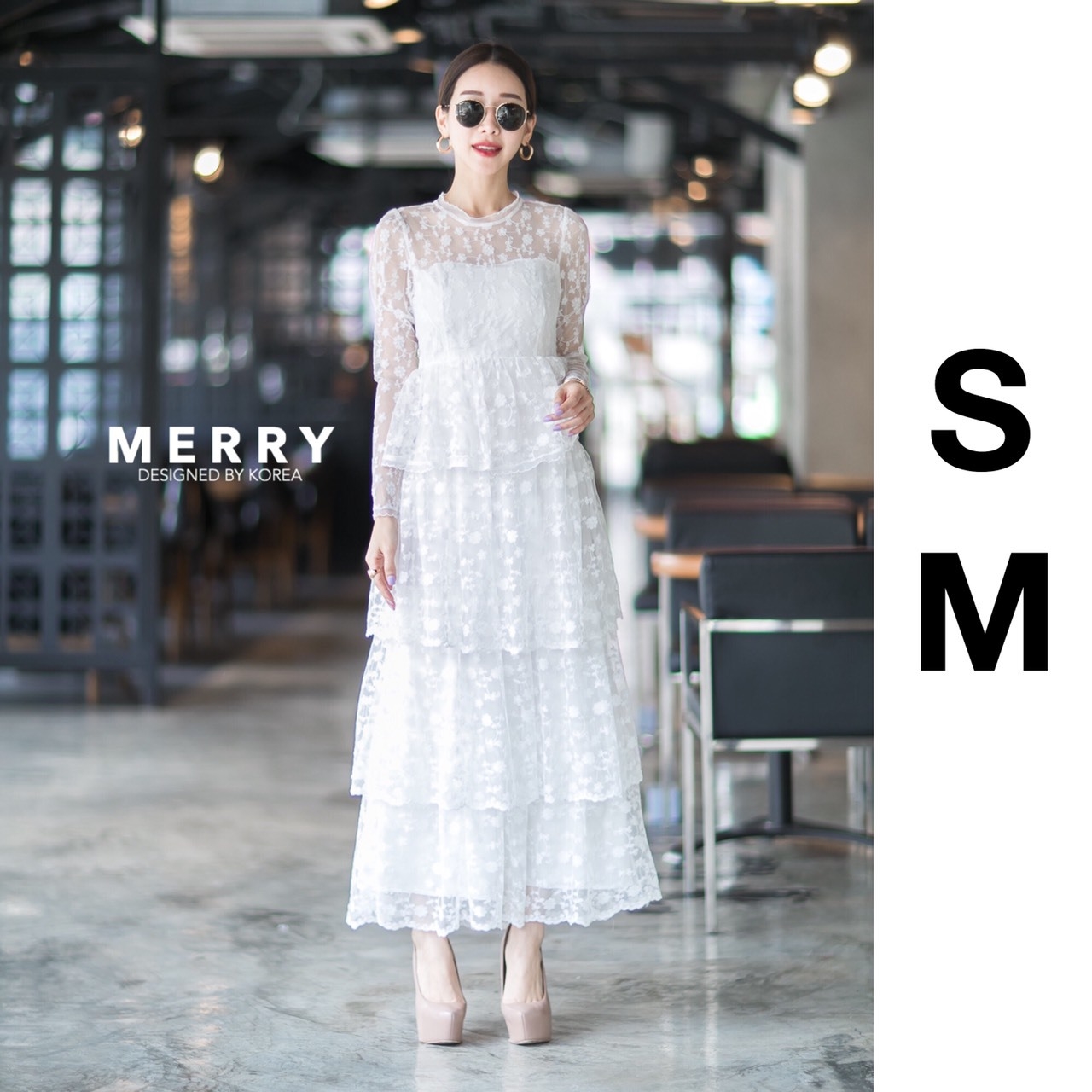 ชุดเดรสเกาหลี พร้อมส่ง เลเยอร์ maxi เดรสคอกลม