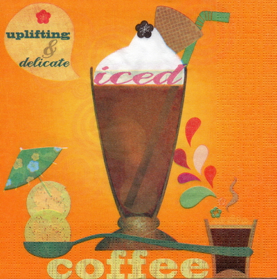 แนวภาพอาหาร แก้วกาแฟ Iced Coffee บนพื้นส้ม เป็นภาพ 4 บล๊อค กระดาษแนพกิ้นสำหรับทำงาน เดคูพาจ Decoupage Paper Napkins ขนาด 33X33cm