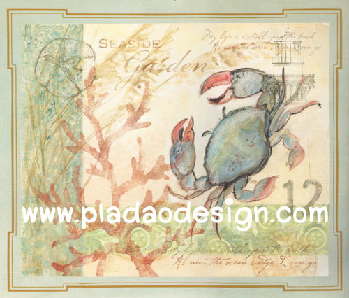 กระดาษสาพิมพ์ลาย สำหรับทำงาน เดคูพาจ Decoupage แนวภาำพ ภาพวาดสีหวาน ปูน้อยขาเก เดินไปเดินมาเป็นปกโปสการ์ดเก๋ๆ (ปลาดาวดีไซน์)