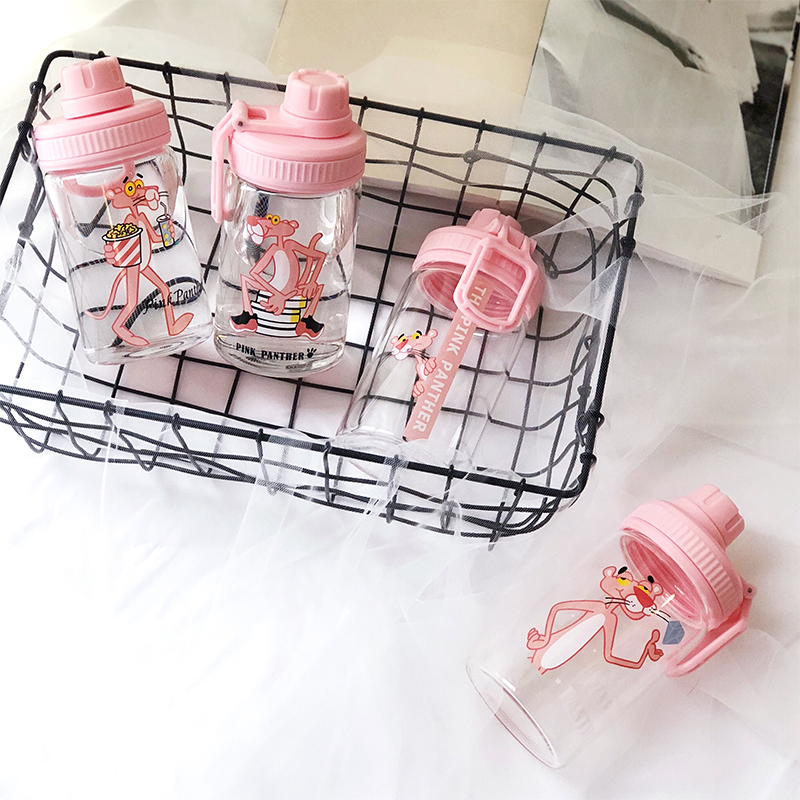 ขวดน้ำ ขวดนม Pink Panther พกพา แก้ว borosilicate ฝาดื่ม หมุนปิด มี 2 ขนาด 400 /500 ml.