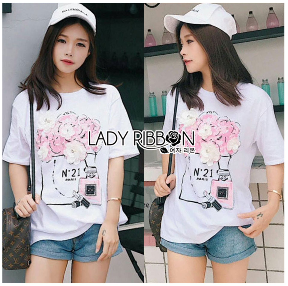เสื้อเกาหลี พร้อมส่ง ทีเชิ้ตสีขาวปักดอกไม้