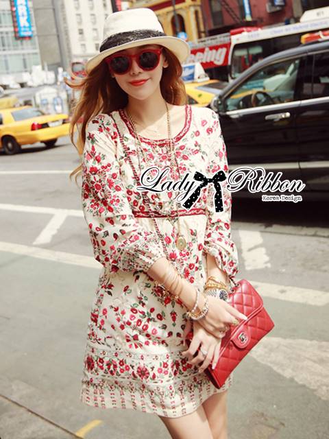 พร้อมส่ง มินิเดรสแขนยาวพิมพ์ลายดอกไม้ส ีแดง