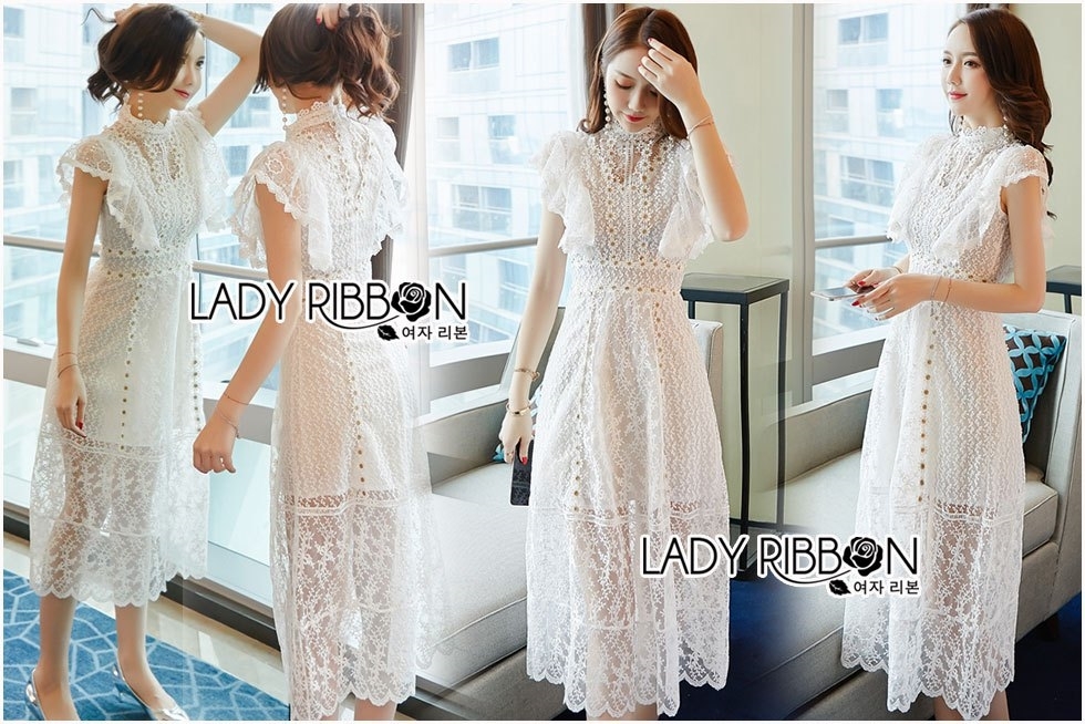 เดรสผ้าลูกไม้ พร้อมส่ง เดรสลูกไม้ สีขาวทรงคอสูงตกแต่งระบาย