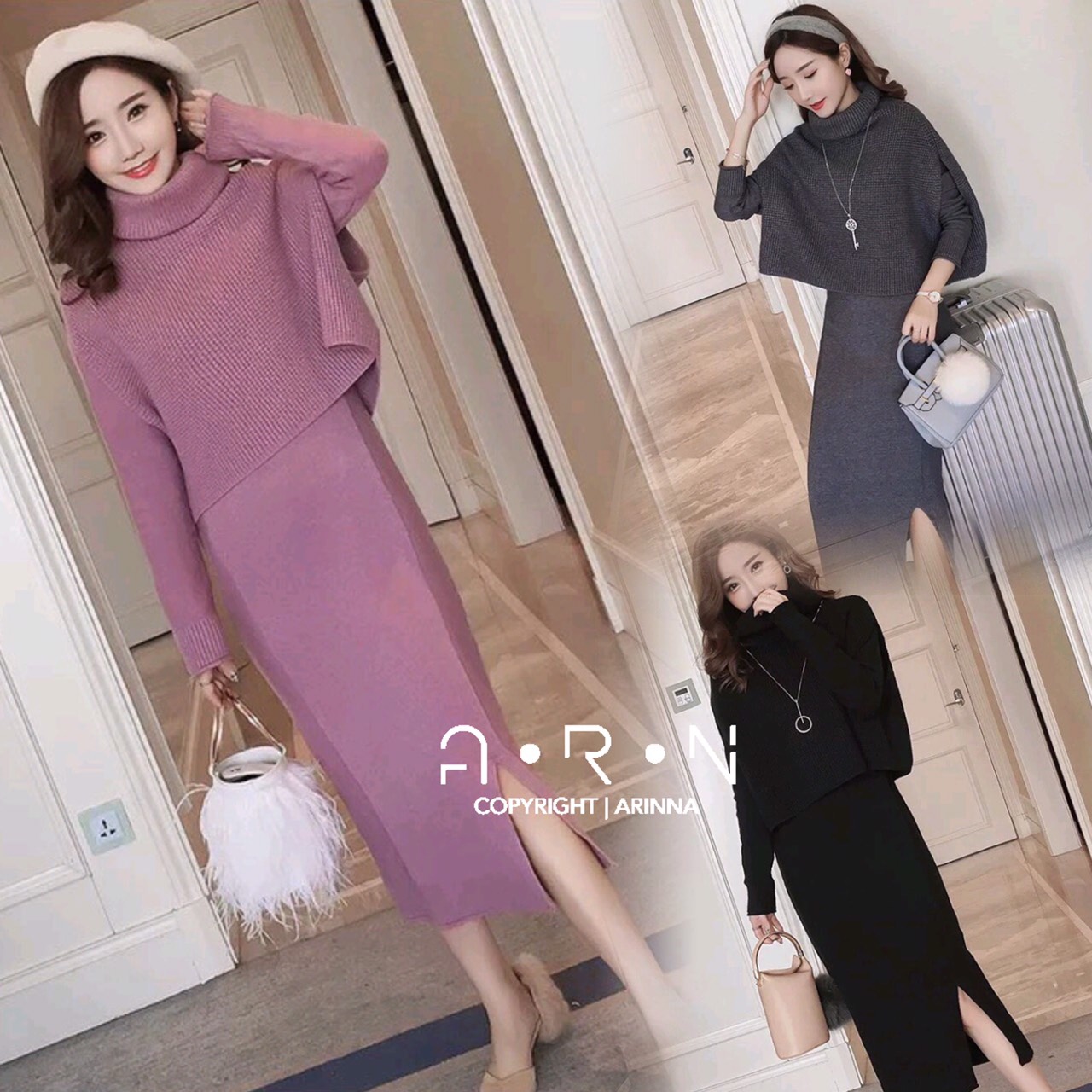 เสื้อผ้าเกาหลี พร้อมส่ง เสื้อกับเดรสไหมพรมผ่าหน้า