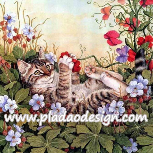 กระดาษสาพิมพ์ลาย สำหรับทำงาน เดคูพาจ Decoupage แนวภาำพ ลูกแมวตัวน้อยนอนหงายเก๋ง เล่นดอกไม้แดงในสวน