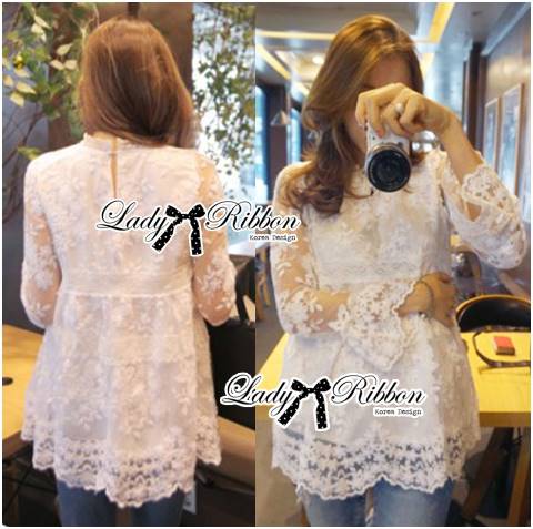 พร้อมส่ง เสื้อตัวยาวผ้าลูกไม้แขนบาน