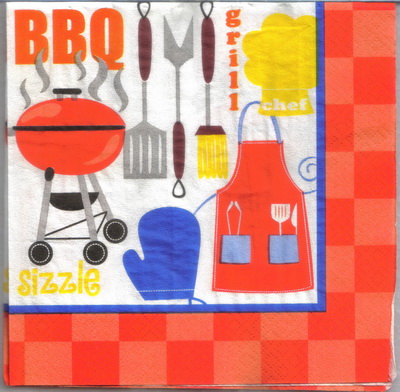 แนวภาพ Lifestyle การ์ตูน อุปกรณ์ทำบาร์บีคิว BBQ เป็นภาพบล็อค 4 กระดาษแนพกิ้นสำหรับทำงาน เดคูพาจ Decoupage Paper Napkins ขนาด 33X33cm