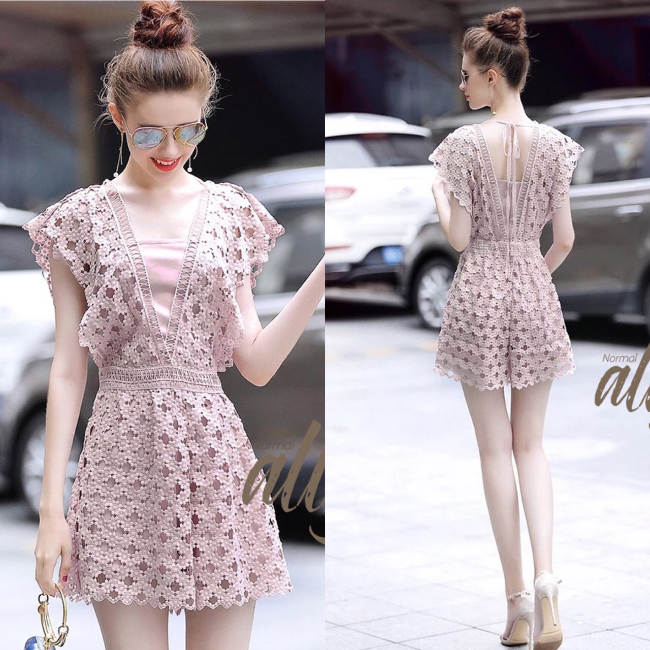 เสื้อผ้าเกาหลี พร้อมส่ง จั๊มสูท ลายวงกลมดอกไม้