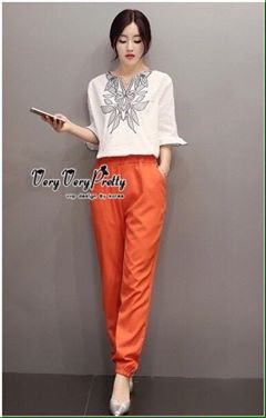 พร้อมส่ง ชุดเซตเสื้อกับกางเกงสีส้ม เสื้อผ้าเกาหลี