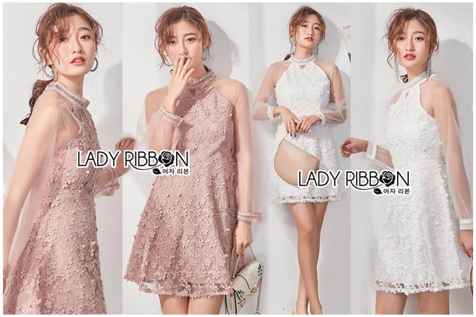 ชุดเดรสลูกไม้ พร้อมส่ง ค็อกเทลเดรสผ้าลูกไม้ลายดอกไม้
