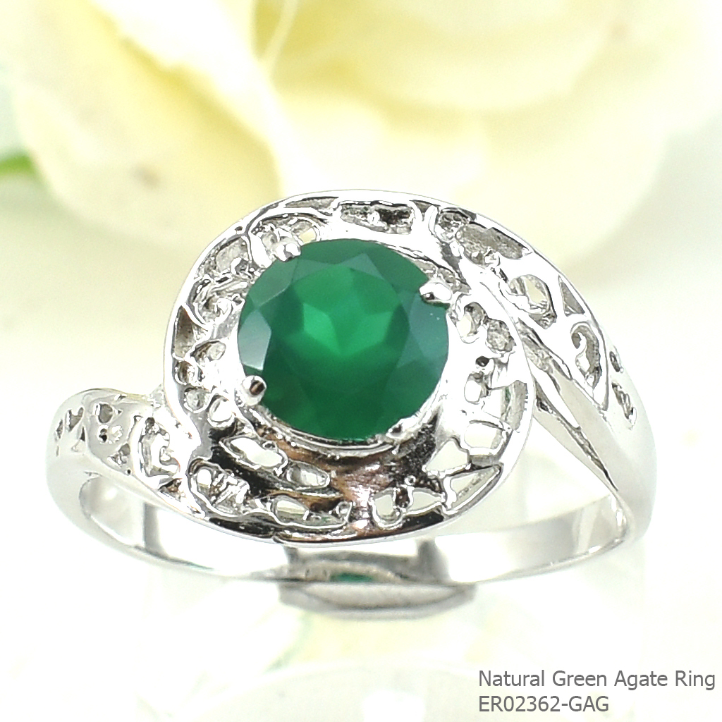 SKJewelryFactory แหวนฉลุลาย ใส่สบาย แหวนเงินแท้ 92.5% ฝังพลอยกรีนอะเกทแท้ ER02362-GAG