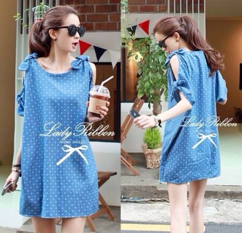 พร้อมส่ง มินิเดรสยีนส์ เปิดไหล่พิมพ์ลาย