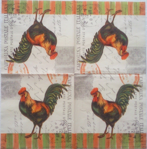 แนวภาพวินเทจ ไก่ ดำ บนโปสการ์ด Vintage Postal เป็นภาพครึ่งแผ่น กระดาษแนพกิ้นสำหรับทำงาน เดคูพาจ Decoupage Paper Napkins ขนาด 33X33cm