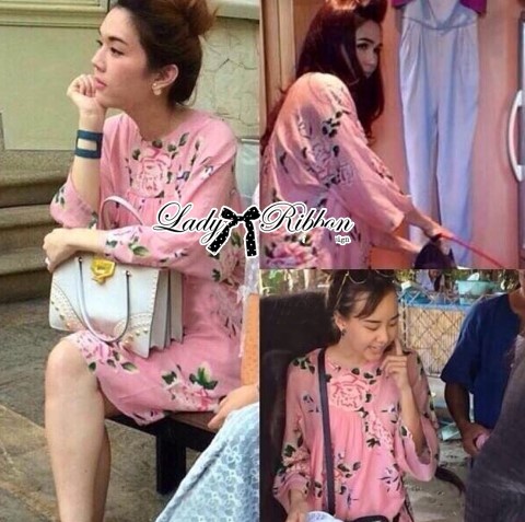 พร้อมส่ง เดรสพิมพ์ลายดอกไม้สีชมพู
