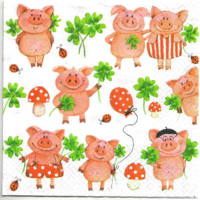 แนวภาพการ์ตูน สัตว์ หมูน้อยกับเต่าทอง ถือใบ Clover เป็นภาพครึ่งแผ่น กระดาษแนพกิ้นสำหรับทำงาน เดคูพาจ Decoupage Paper Napkins ขนาด 33X33cm