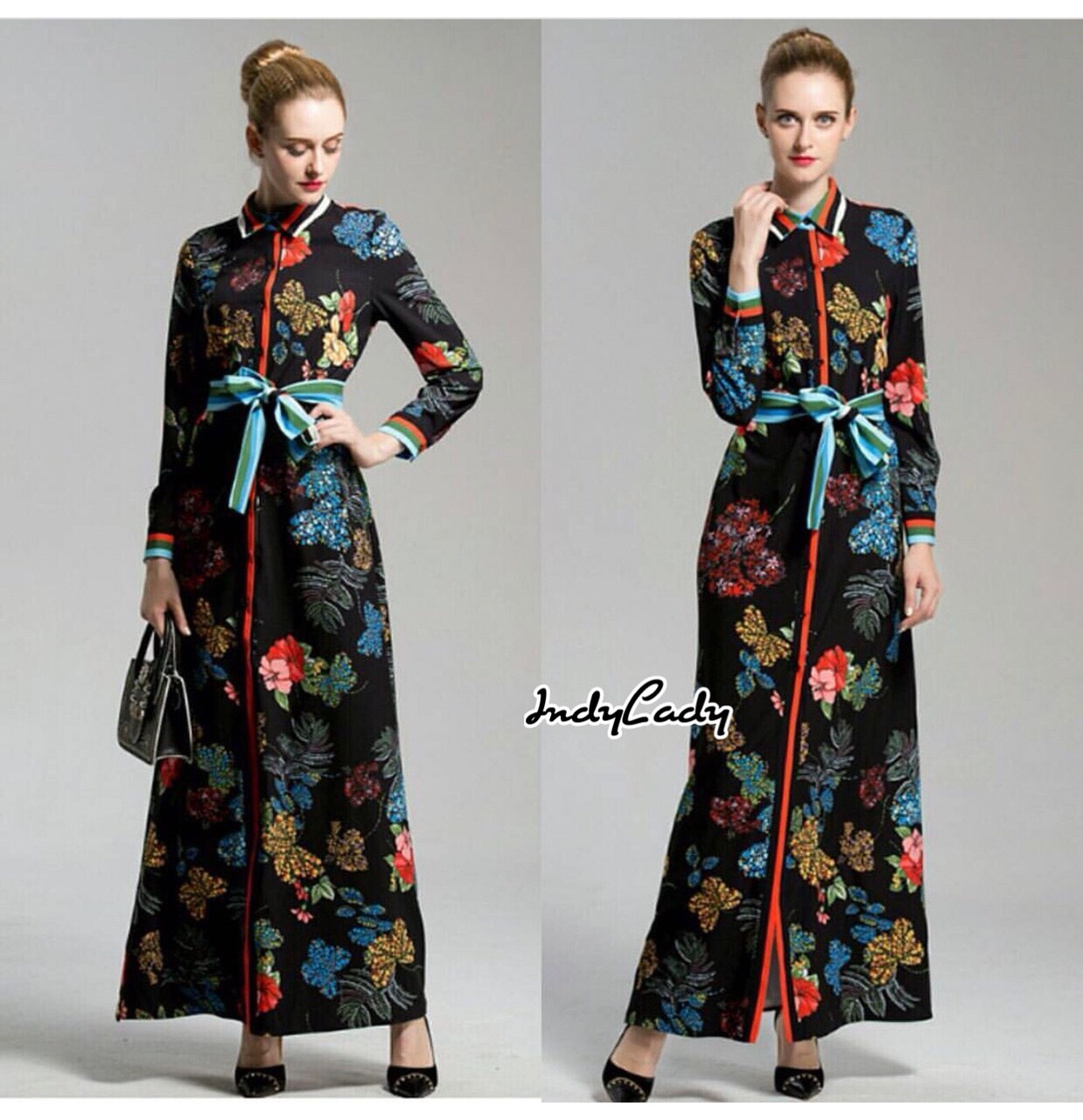 ชุดเดรสเกาหลี พร้อมส่ง เดรสยาว เนื้อผ้าทิ้งตัวมีน้ำหนัก