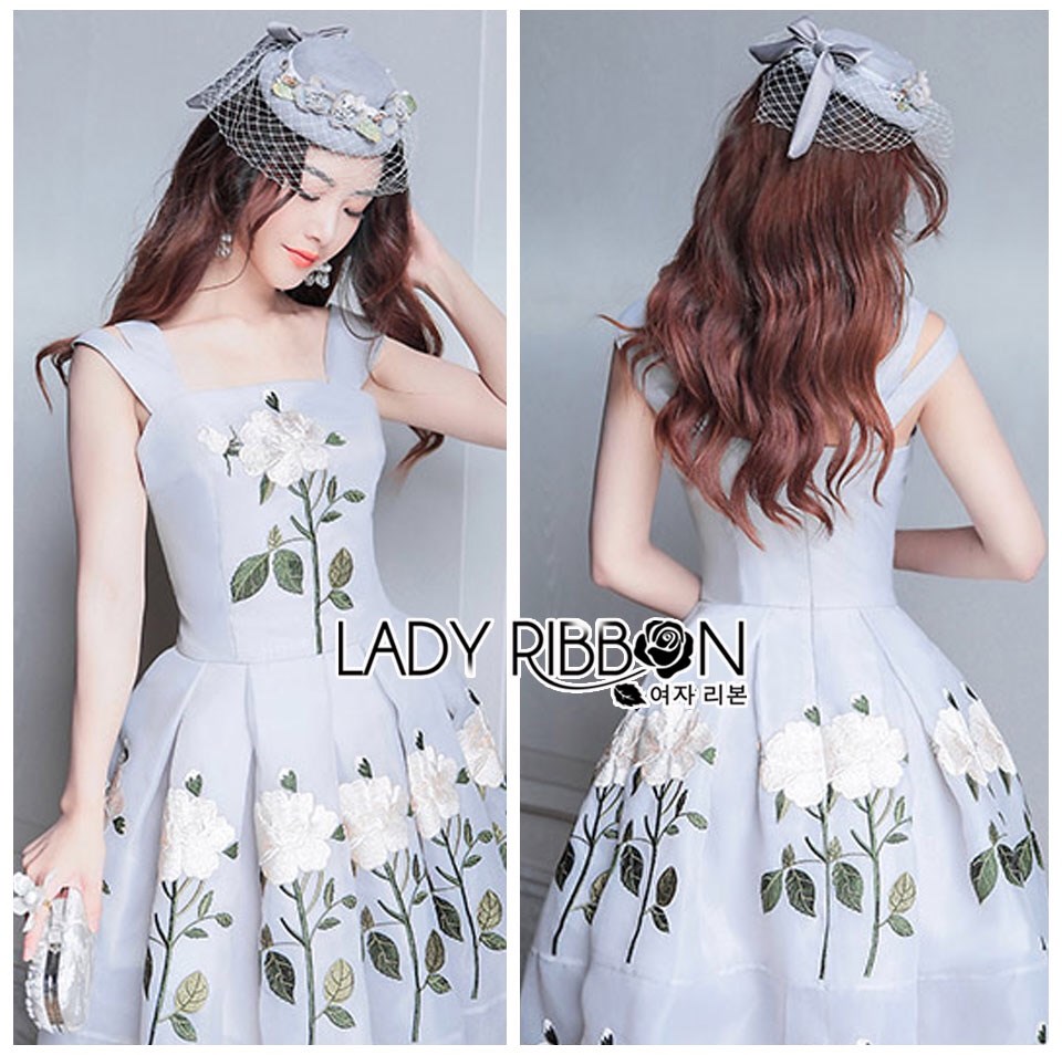 เดรสเกาหลี พร้อมส่ง เดรสผ้าเครปสีเทา ปักลายดอกกุหลาบ