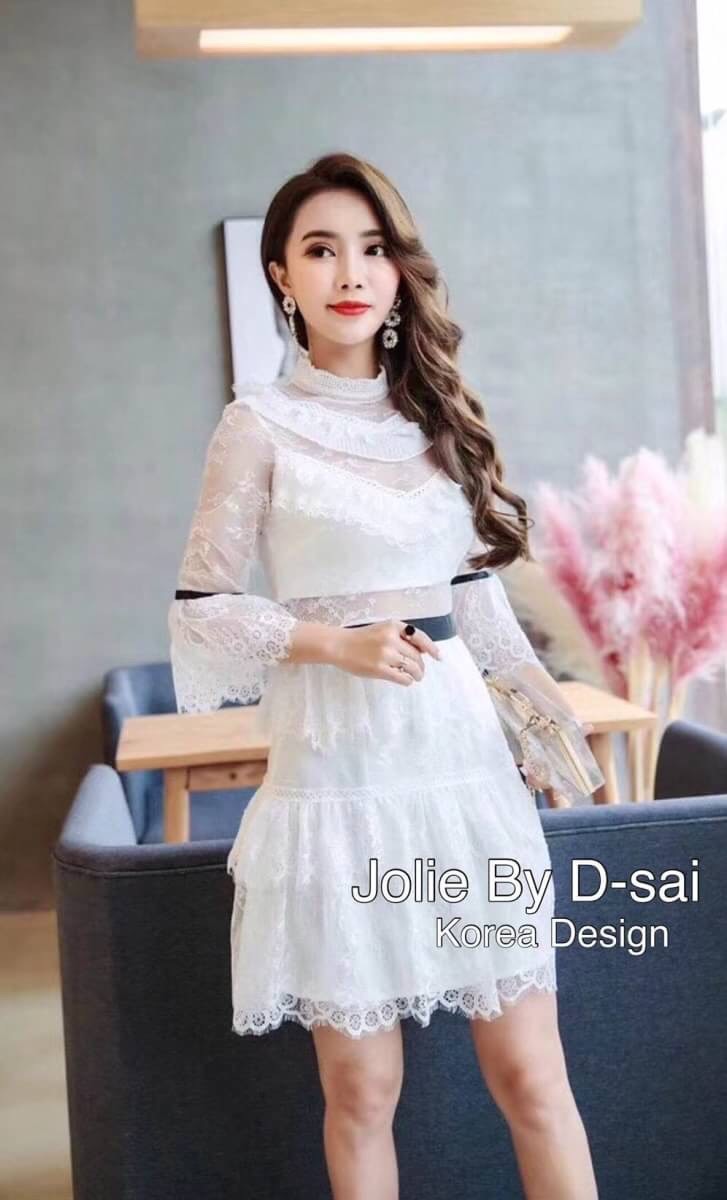 ชุดเดรสเกาหลี พร้อมส่ง ชุดเดรส ผ้าลายลูกไม้สีขาว