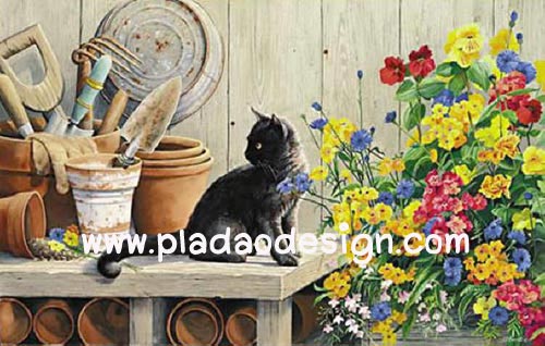กระดาษสาพิมพ์ลาย สำหรับทำงาน เดคูพาจ Decoupage แนวภาพ แมวดำนั่งบนโต๊ะอุปกรณ์ทำสวน จำพวกพลั่ว เสียม มองเหลียวหลังเหมือนอยากช่วย