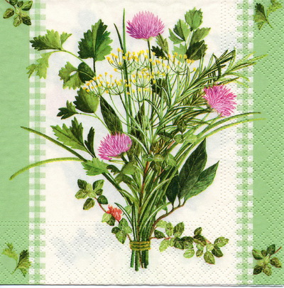 แนวภาพดอกไม้ ช่อดอกไม้ มิลค์ ทิสเซิล Milk Thistle ในกรอบเขียว เป็นภาพบล็อค 4 กระดาษแนพกิ้นสำหรับทำงาน เดคูพาจ Decoupage Paper Napkins ขนาด 33X33cm