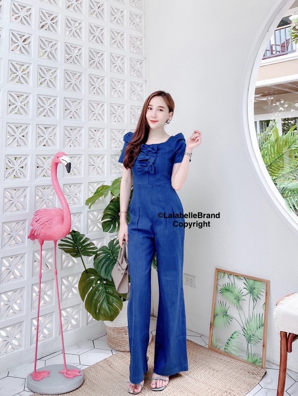 เสื้อผ้าเกาหลี พร้อมส่ง จั้มสูท ยีนส์ผ้ายืดขายาวคอเหลี่ยม
