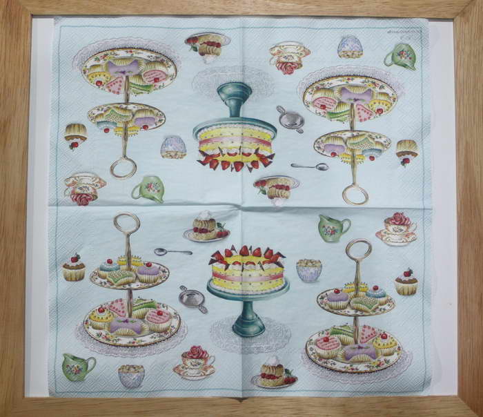 แนวภาพเค้ก วินเทจ Time for Sweet Cake น้ำชา พื้นฟ้า เป็นภาพแนวยาว กระดาษแนพกิ้นสำหรับทำงาน เดคูพาจ Decoupage Paper Napkins ขนาด 33X33cm