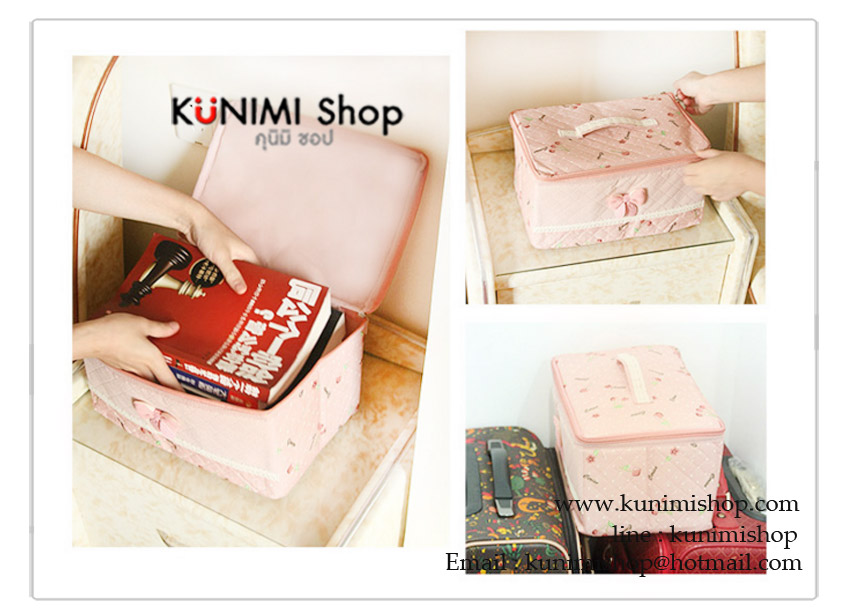 กระเป๋าจัดระเบียบ จัดเก็บสิ่งของ สีส้มอมชมพู ลายเชอร์รี่ สามารถใส่เสื้อผ้า เครื่องสำอางค์ ชุดชั้นใน ของใช้ต่างๆ ซิบเปิด-ปิด มีหูหิ้ว