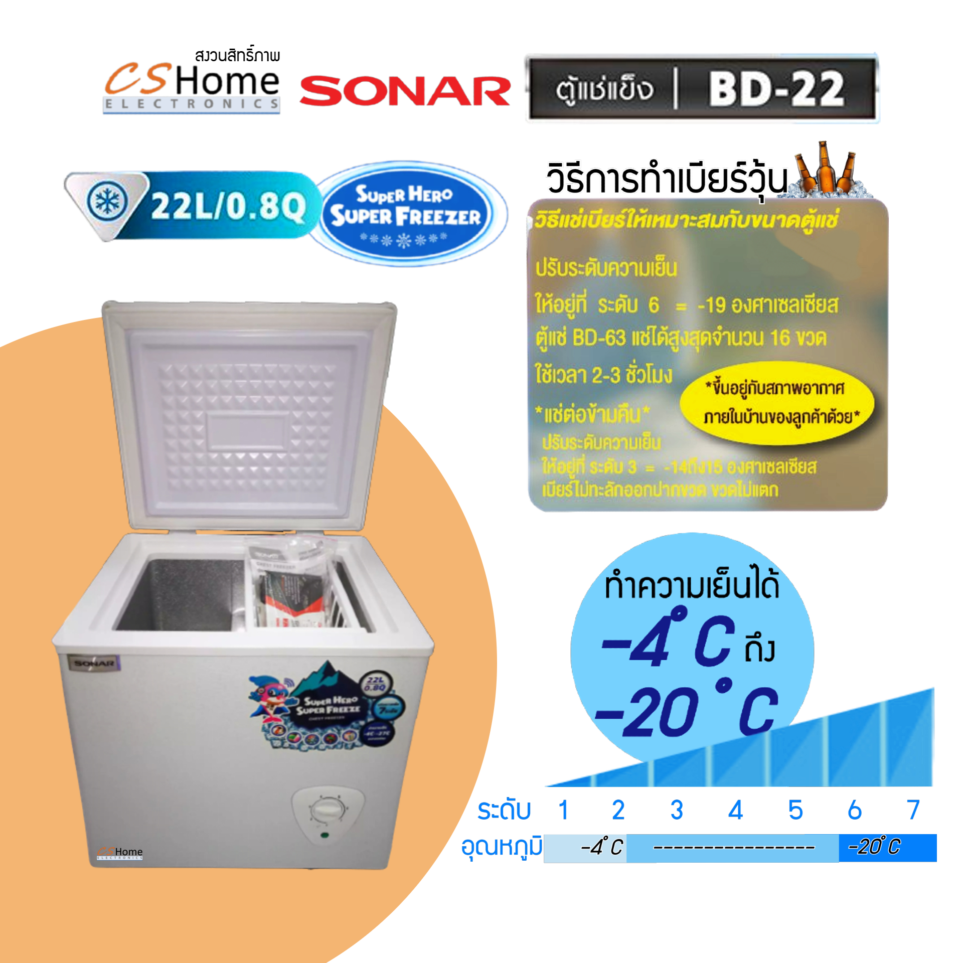 SONAR ตู้แช่แข็ง/แช่เย็น CHEST FREEZER ขนาด 22 ลิตร (0.8 คิว) รุ่น BD-22 ประหยัดไฟ เย็นจัด เย็นเร็ว ทำงานเงียบไร้เสียงรบกวน