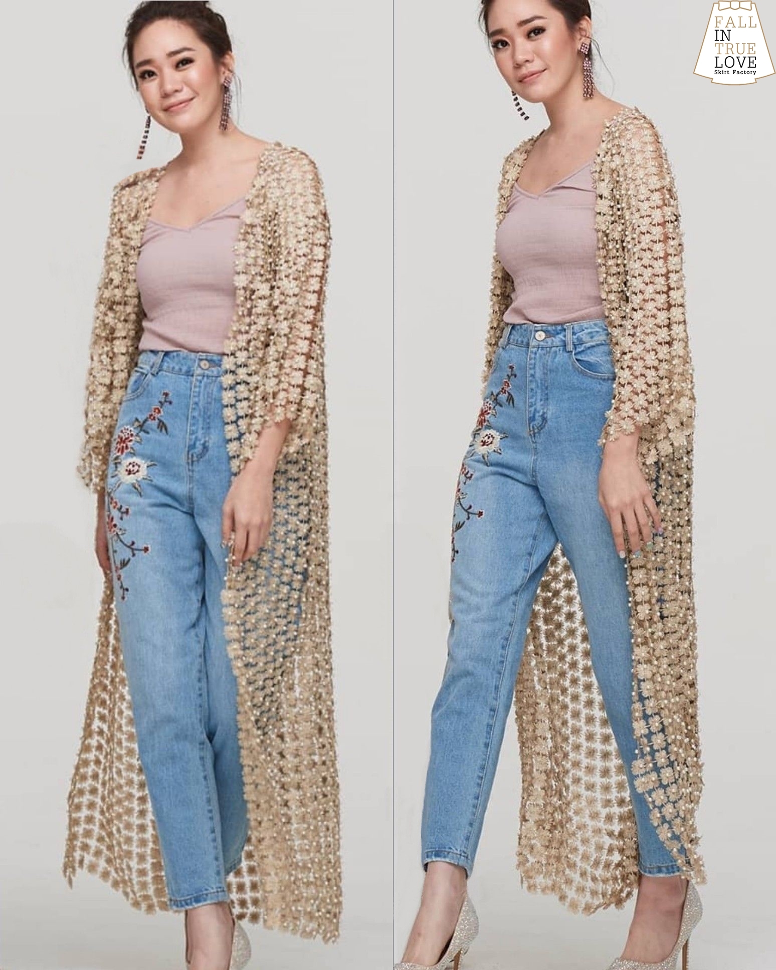 เสื้อผ้าเกาหลี พร้อมส่ง เสื้อคลุม ถักทอเป็นผ้าตาข่ายสลับลายดอก
