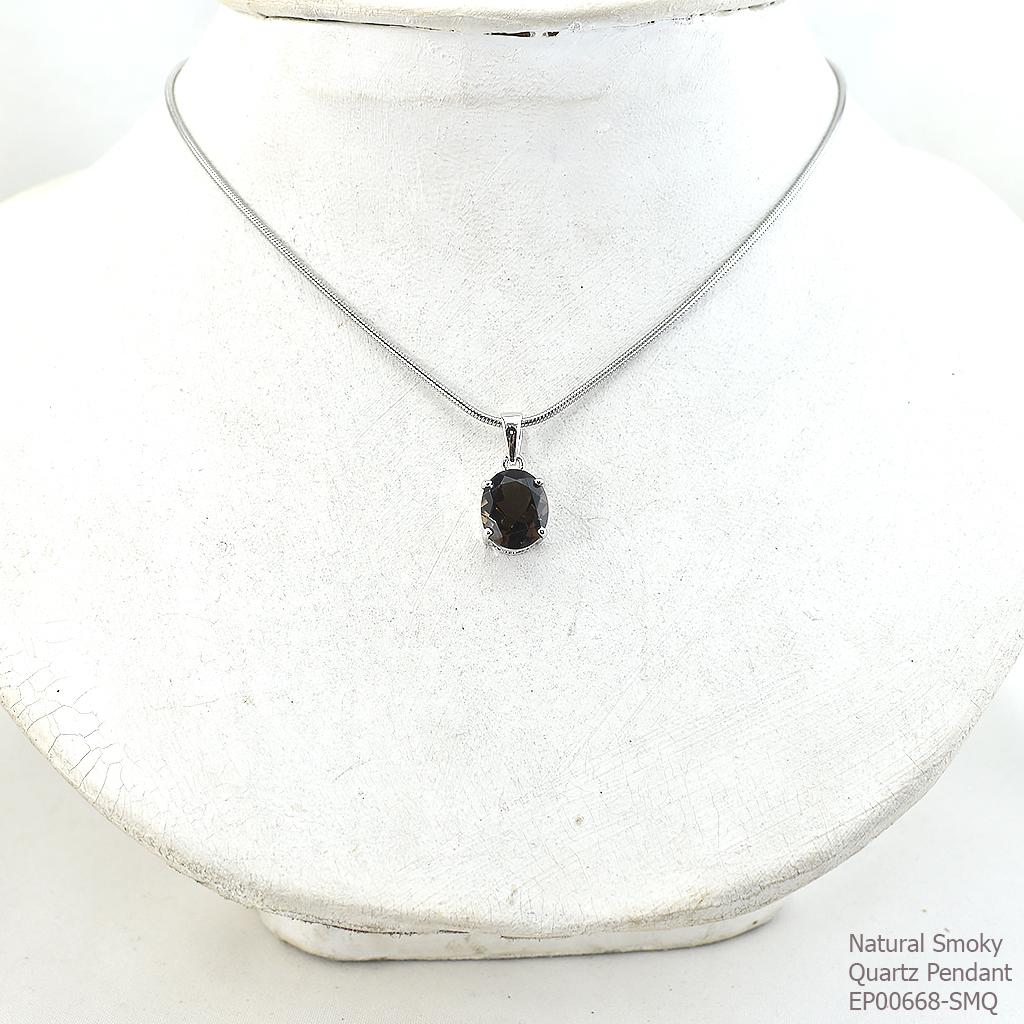 SKJewelryFactory EP00668-SMQ จี้เงินแท้92.5% จี้พลอยเม็ดเดี่ยว จี้พลอยสโมกกี้ควอทซ์แท้