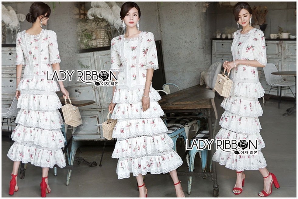 ชุดเดรสเกาหลี พร้อมส่ง เดรสยาว ผ้าพลีตพิมพ์ลายดอกไม้