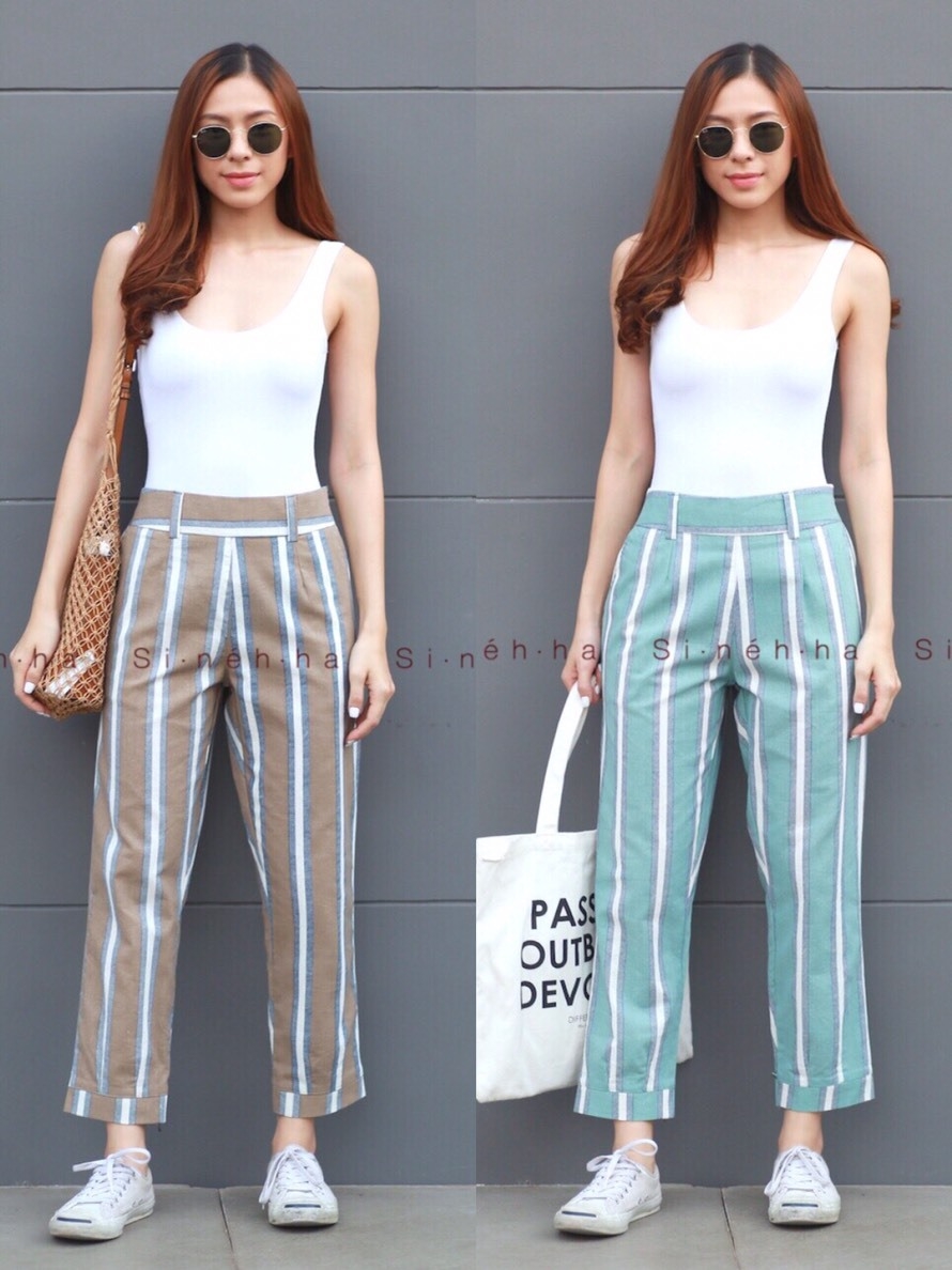 พร้อมส่ง กางเกง ผ้าลินิน ทอลายริ้ว