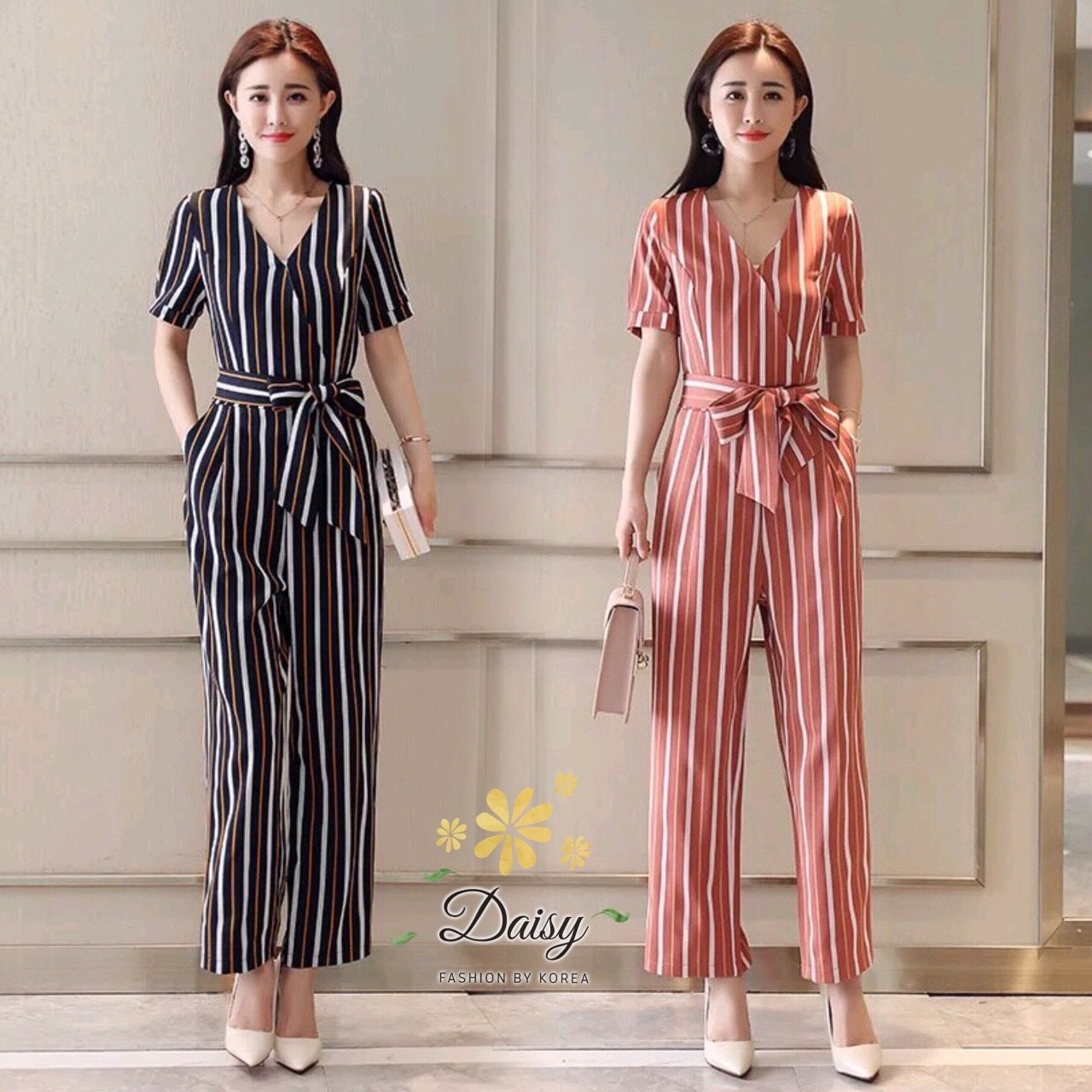 เสื้อผ้าเกาหลี พร้อมส่ง ชุดจั๊มสูทคอวี ผ้าจอเจียร์ญี่ปุ่น