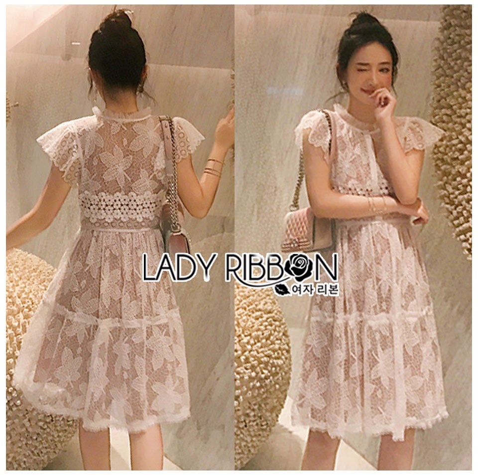 เดรสเกาหลี พร้อมส่ง เดรสผ้าลูกไม้ ทอลายใบเมเปิ้ล