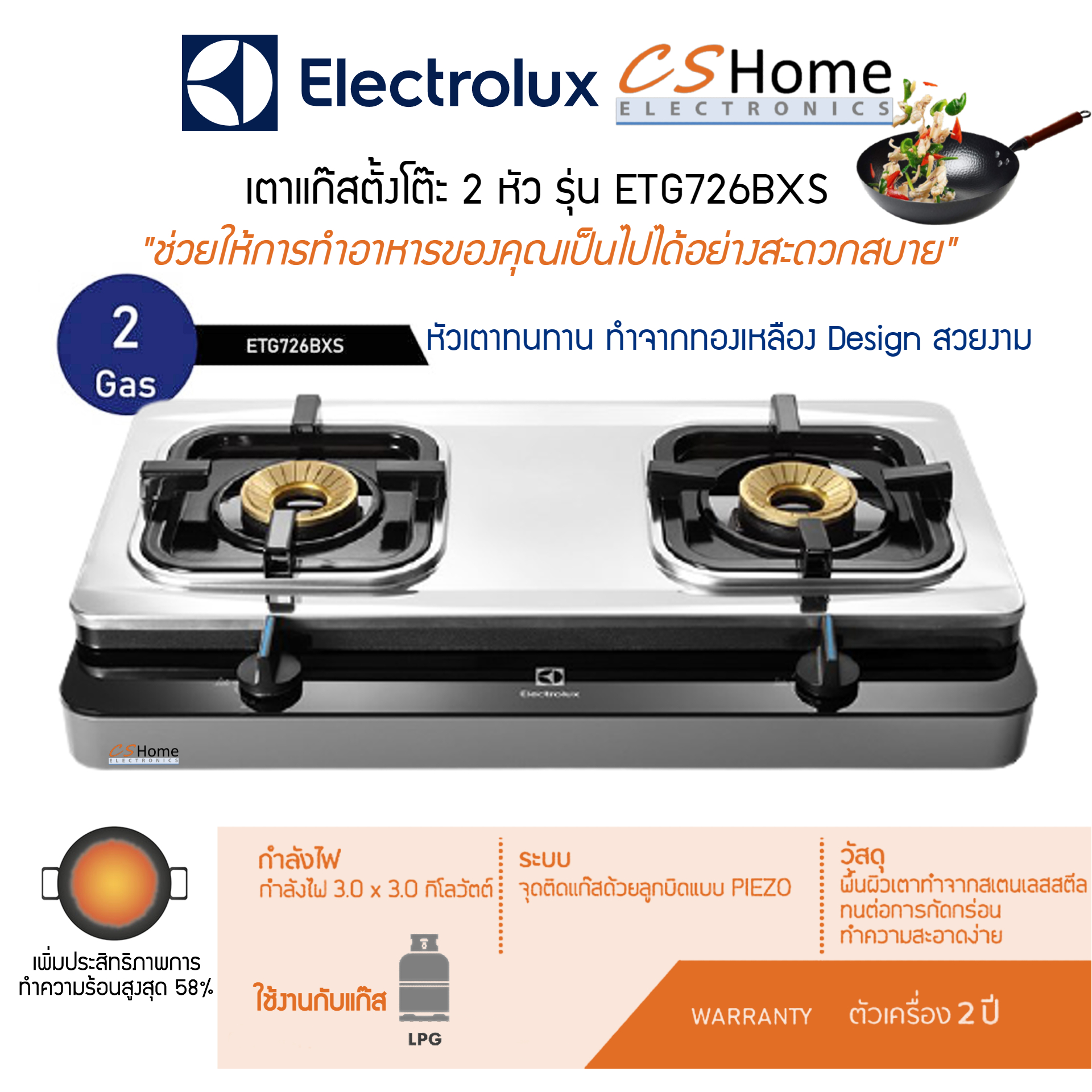 ELECTROLUX เตาแก๊ส 2 หัว รุ่น ETG726ฺBXS รับประกัน 2ปี CS Home