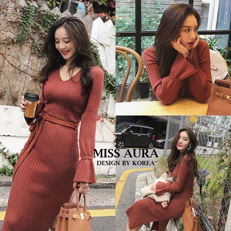 เดรสเกาหลี พร้อมส่ง เดรสยาว ไหมพรมผ้าร่อง